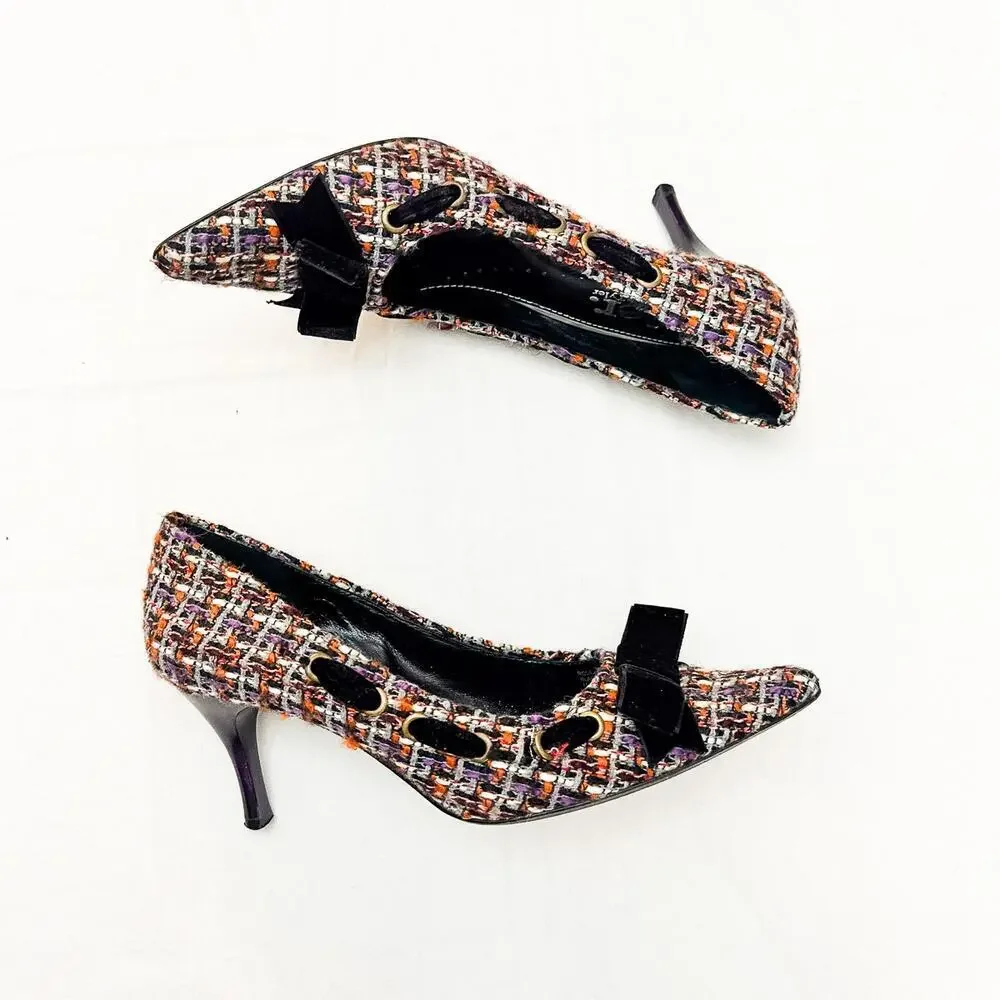 Richard Tyler Tweed Pointy Toe Kitten Heel Velvet Woven Textured Shoe Size 6.5